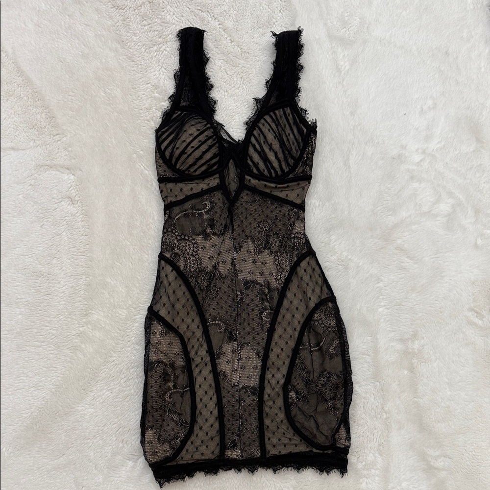 Bebe Black Lace Dress with Sheer Panels